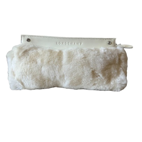 RARE Longchamp Faux Fur Patent Trim Pouch Cosmetic Bag White Made in France - Picture 1 of 11